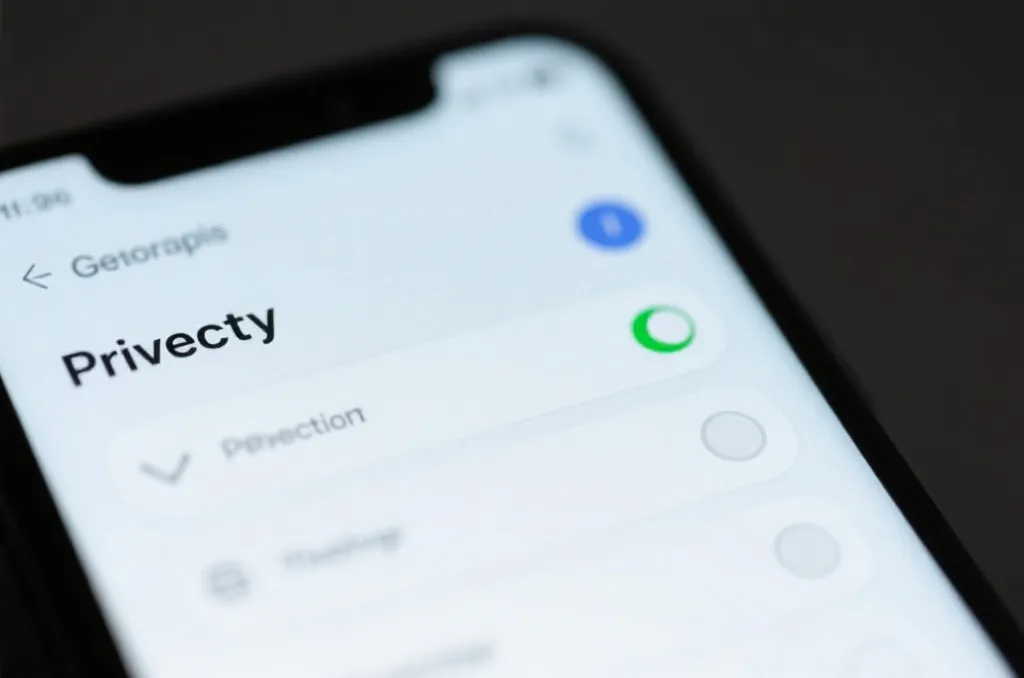 A close-up of a modern smartphone screen displaying generic mobile app privacy setting toggles, clean UI, soft lighting